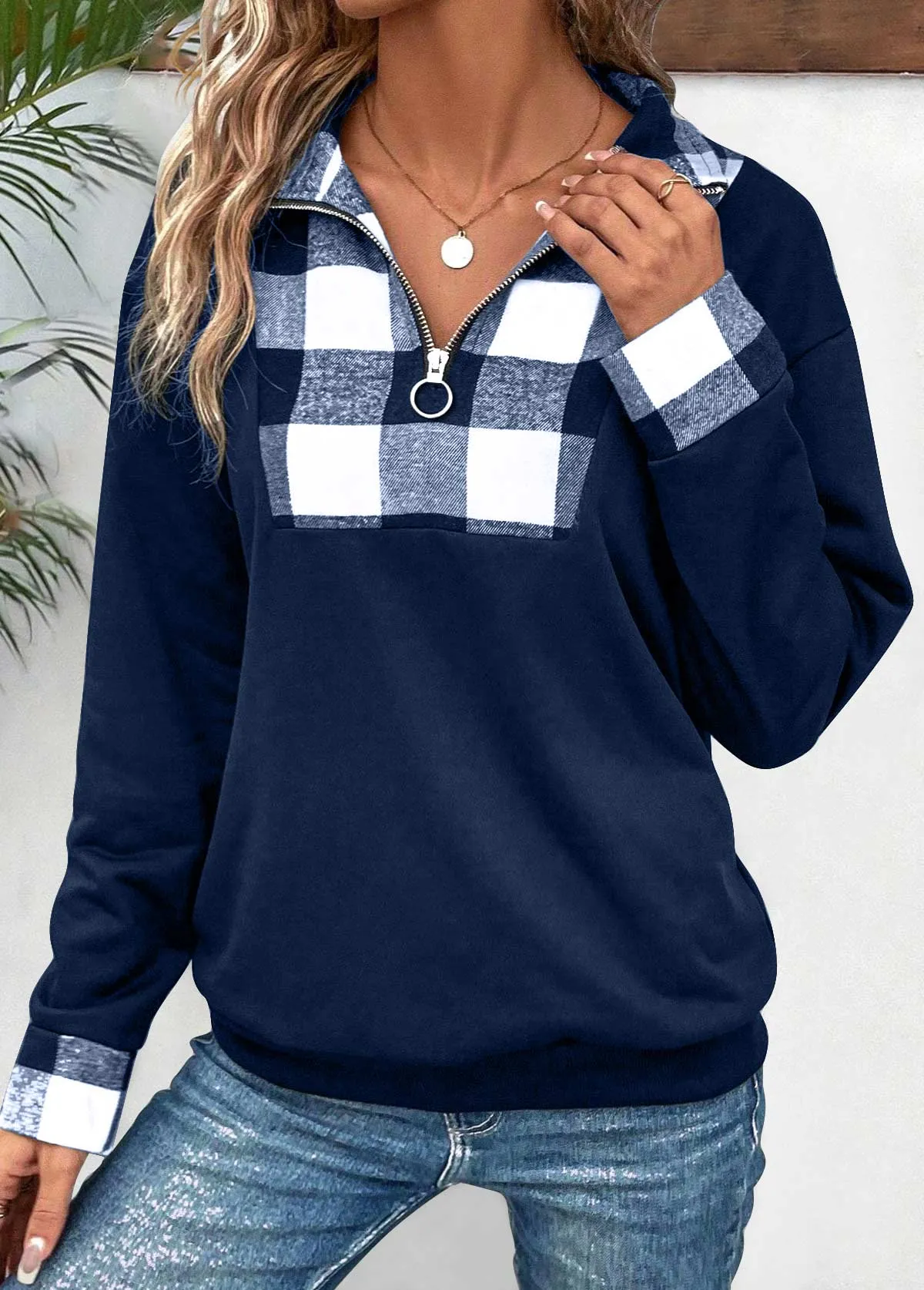 New Navy Patchwork Plaid Long Sleeve Turn Down Collar Sweatshirt Sz XXL Retails $51 