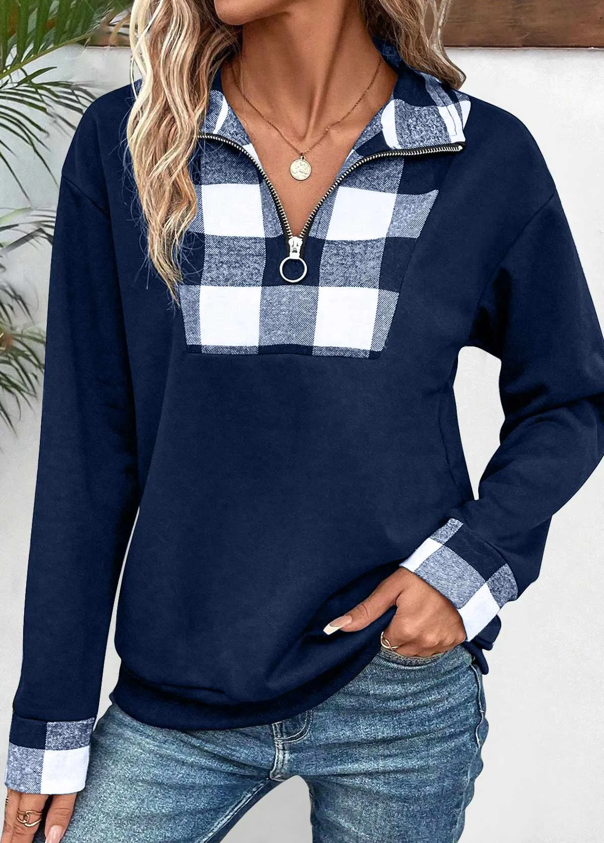 New Navy Patchwork Plaid Long Sleeve Turn Down Collar Sweatshirt Sz XXL Retails $51 