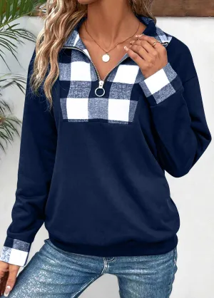 New Navy Patchwork Plaid Long Sleeve Turn Down Collar Sweatshirt Sz XXL Retails $51 