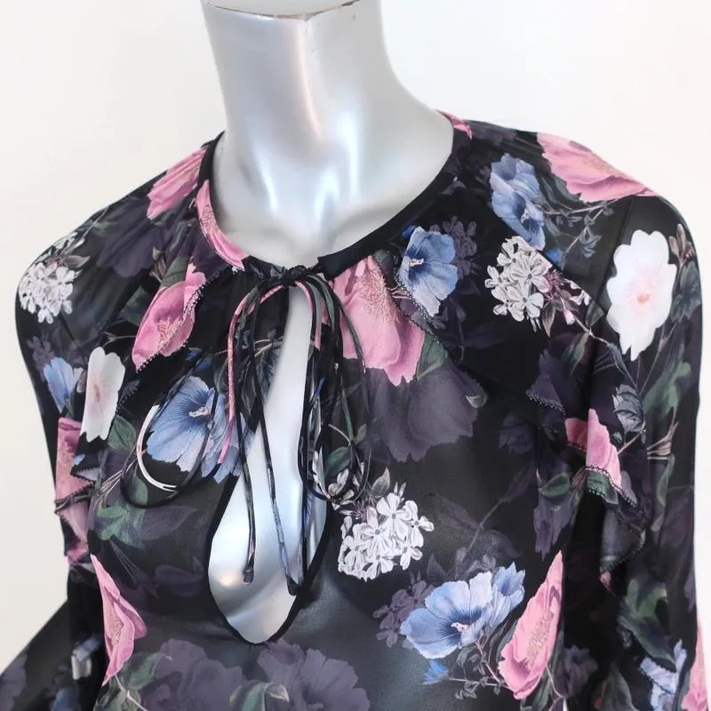 Nicholas Blouse Black Floral Print Ruffled Silk Size US 2 Long Sleeve Top