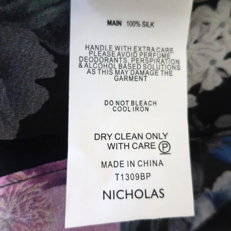 Nicholas Blouse Black Floral Print Ruffled Silk Size US 2 Long Sleeve Top
