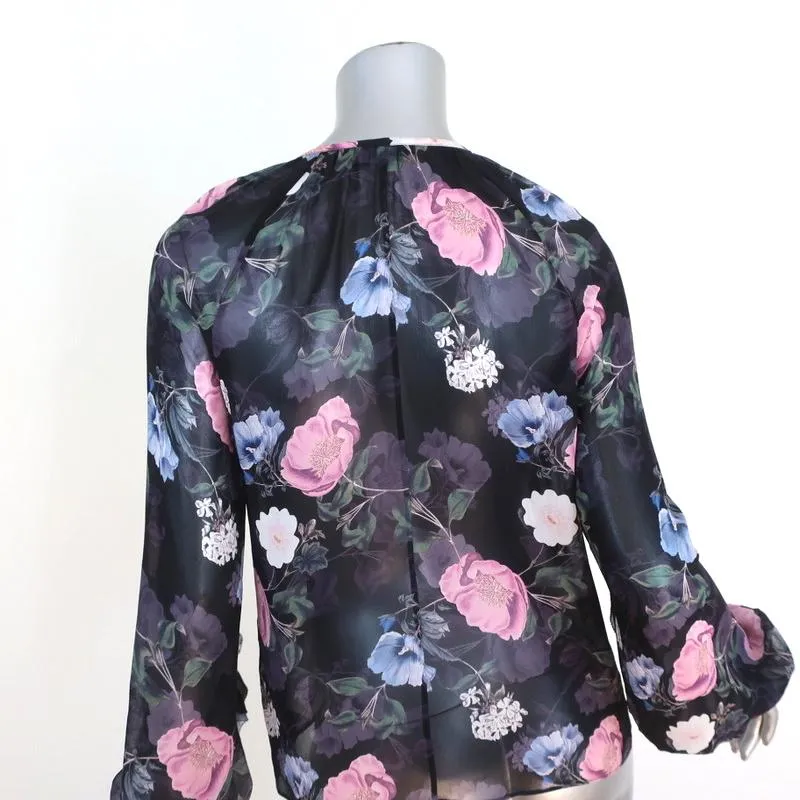 Nicholas Blouse Black Floral Print Ruffled Silk Size US 2 Long Sleeve Top