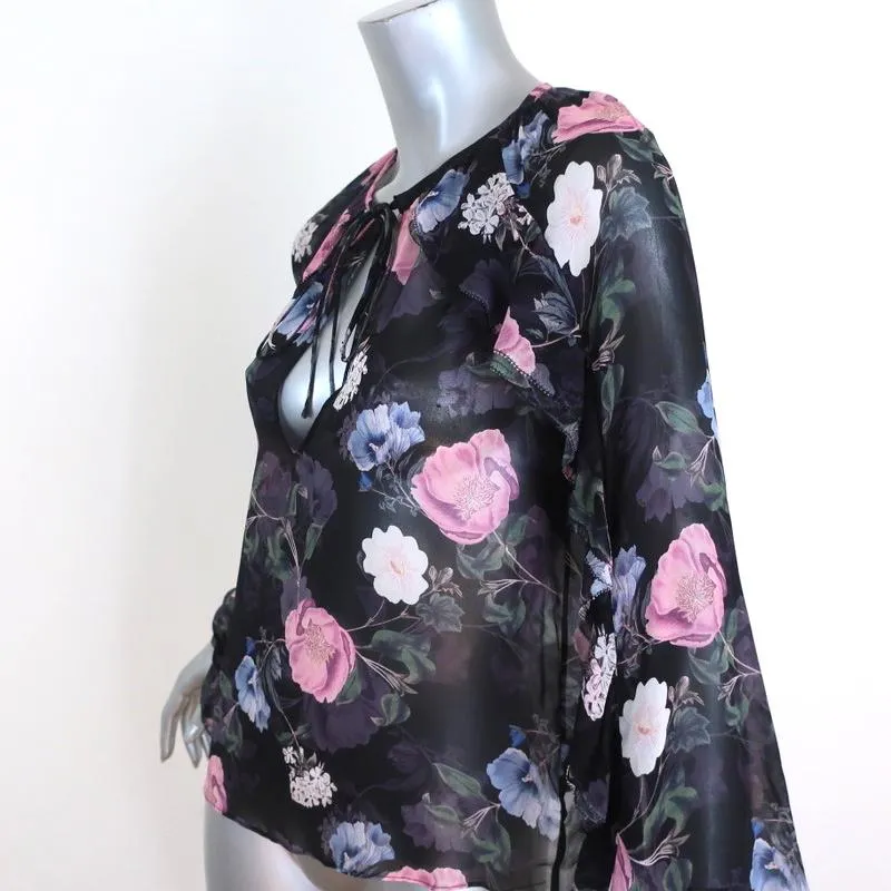Nicholas Blouse Black Floral Print Ruffled Silk Size US 2 Long Sleeve Top