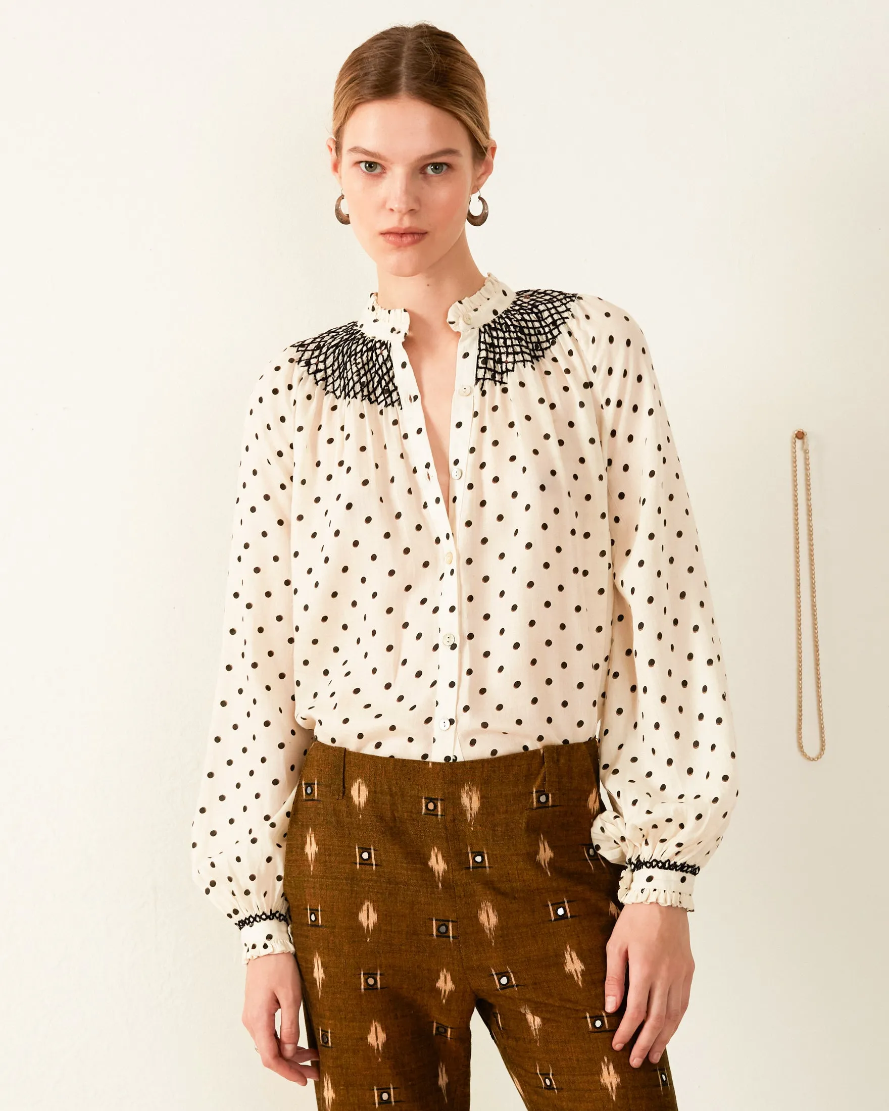 Nixie Cream Dot Smocked Blouse