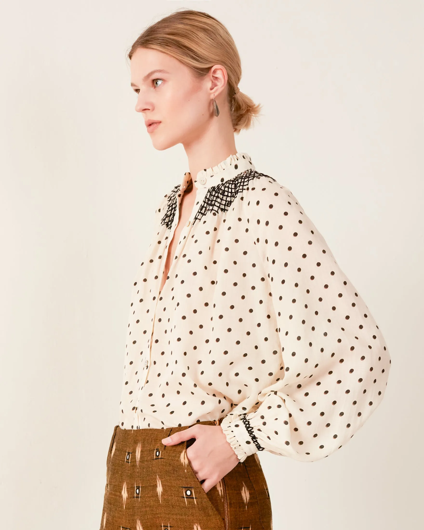 Nixie Cream Dot Smocked Blouse