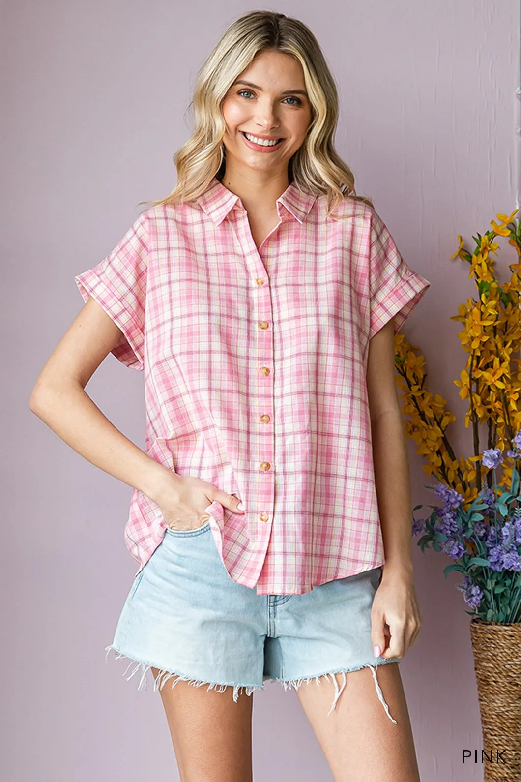 Noelle Plaid Collared Neck Short Sleeve Shirt