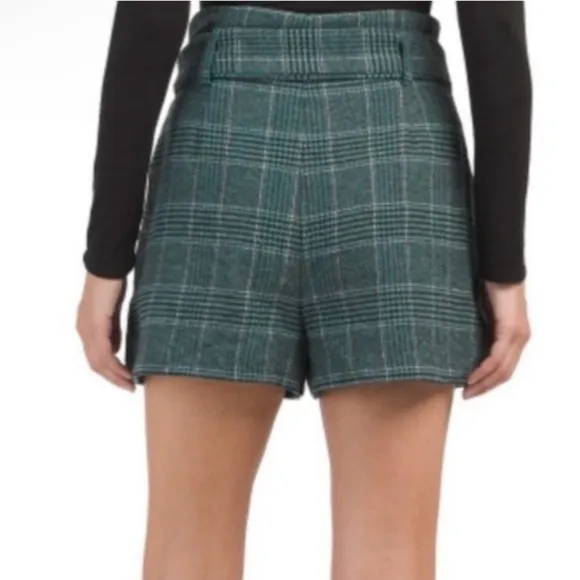 NWT House of Harlow 1960 Super High Waist Wool Belted Green Plaid Shorts Size M