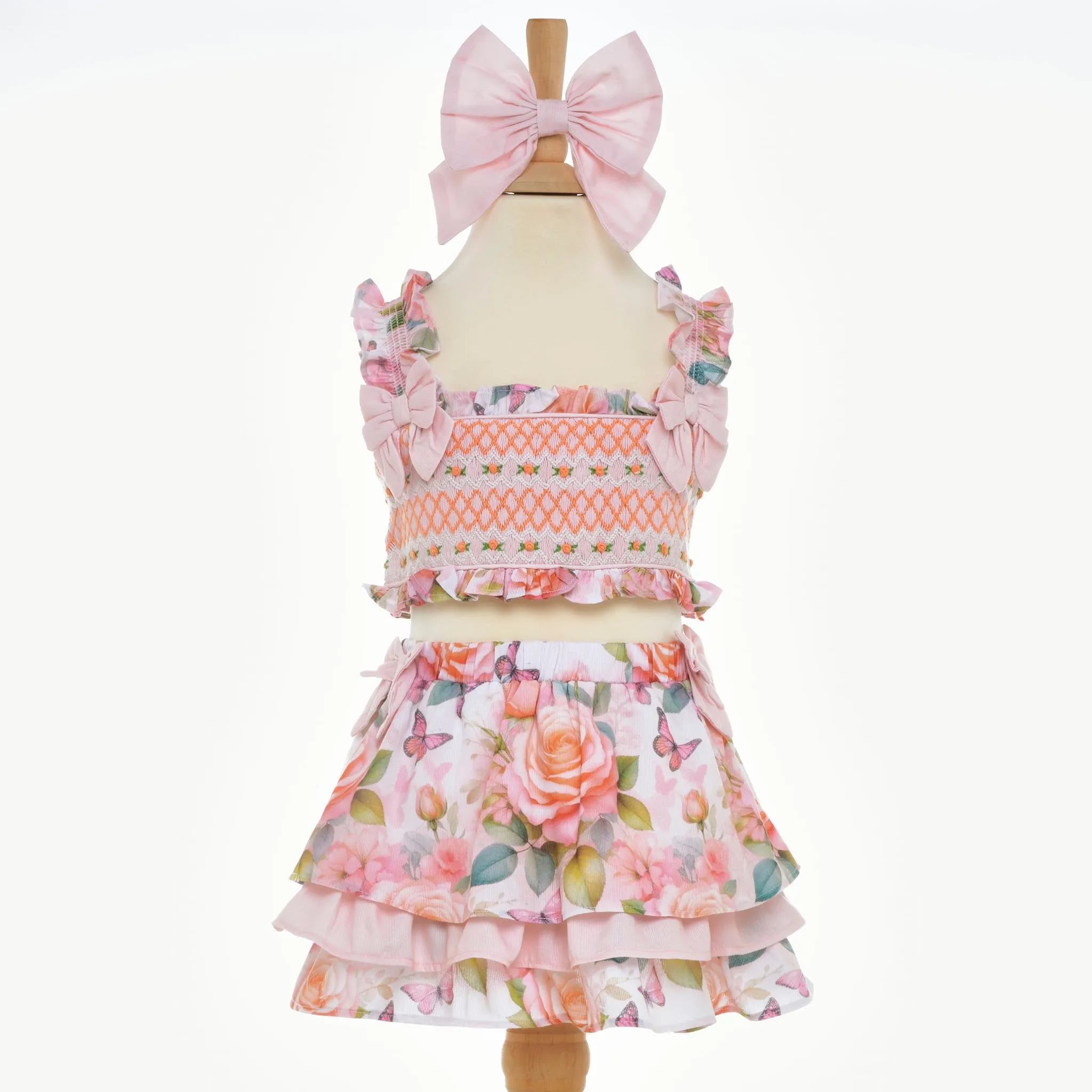 Ocean Baby Girls Peach Rose & Butterfly Smocked Skirt Set (18M-12Y)