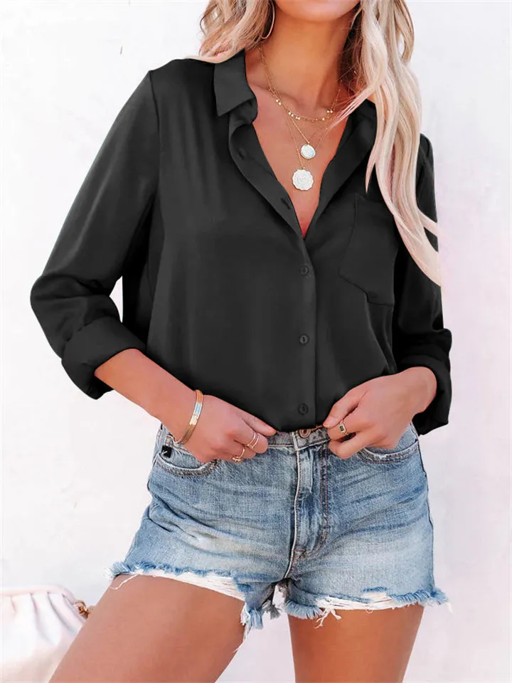 Office Lady Simple Button Pocket Comfortable Pure Color Silk Blouses