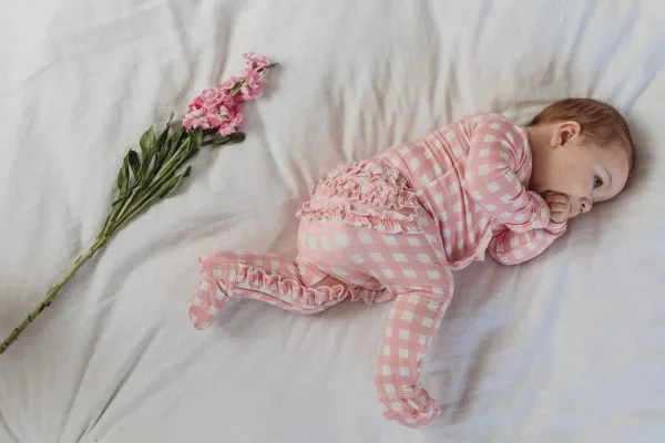 OiOi Bamboo Zip Ruffled Romper – Pink Gingham
