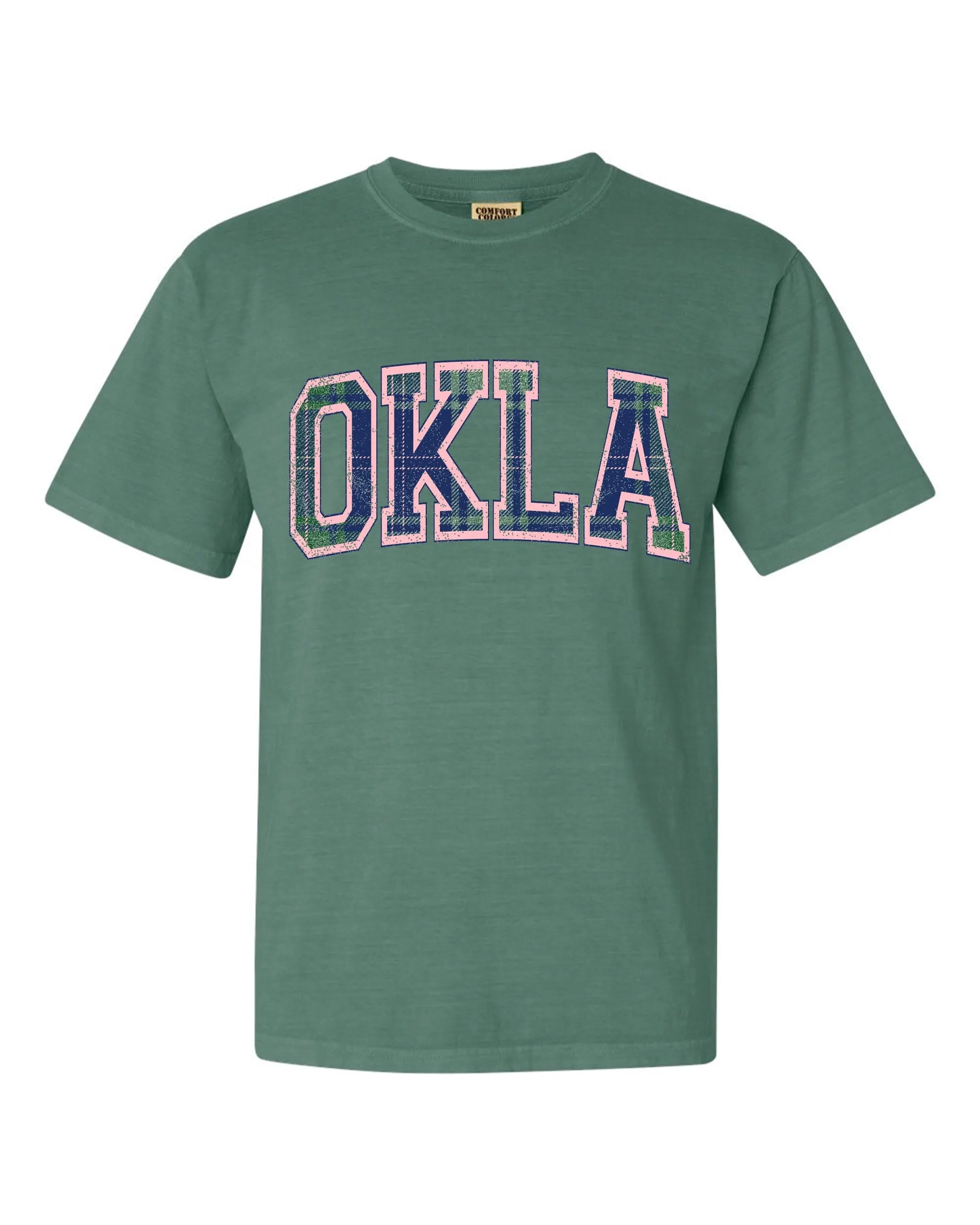 OKLA Plaid Arch (Pink Outline) Green Tee (FINAL SALE)