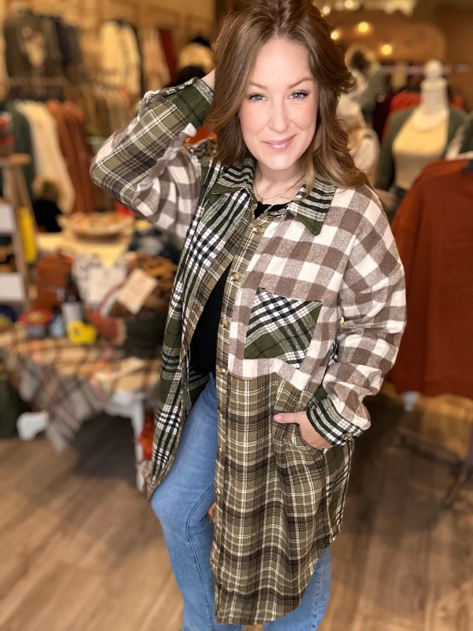 Olive Multi Plaid Long Shacket