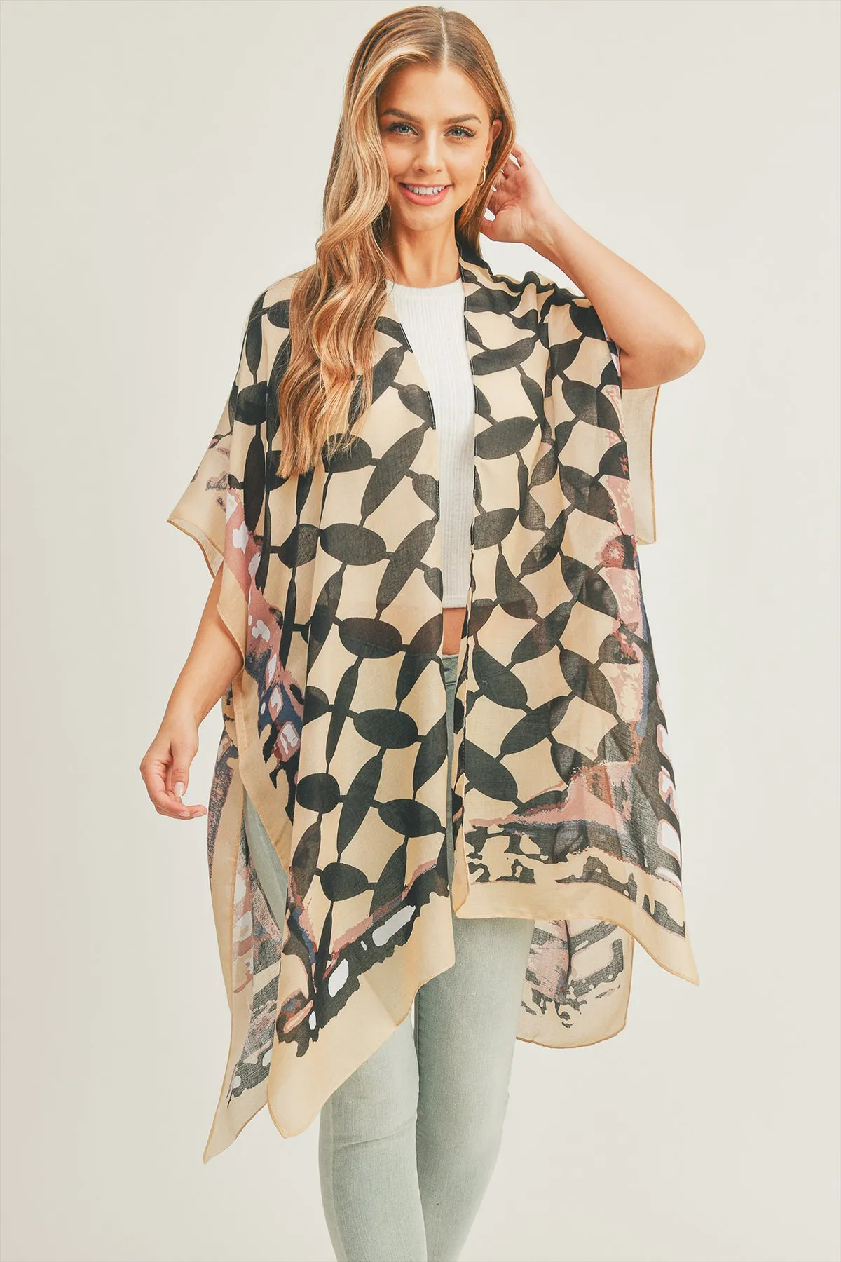 OMBRE FRONT AND GEOMETRIC BACK PRINT KIMONO