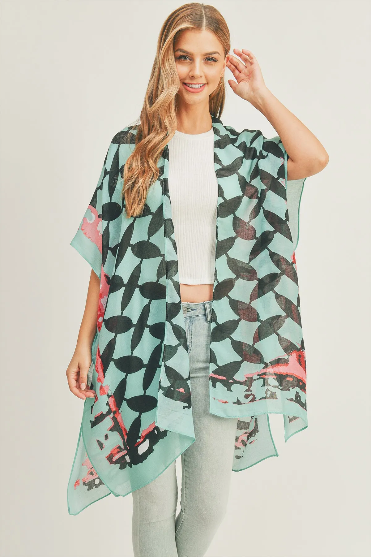 OMBRE FRONT AND GEOMETRIC BACK PRINT KIMONO