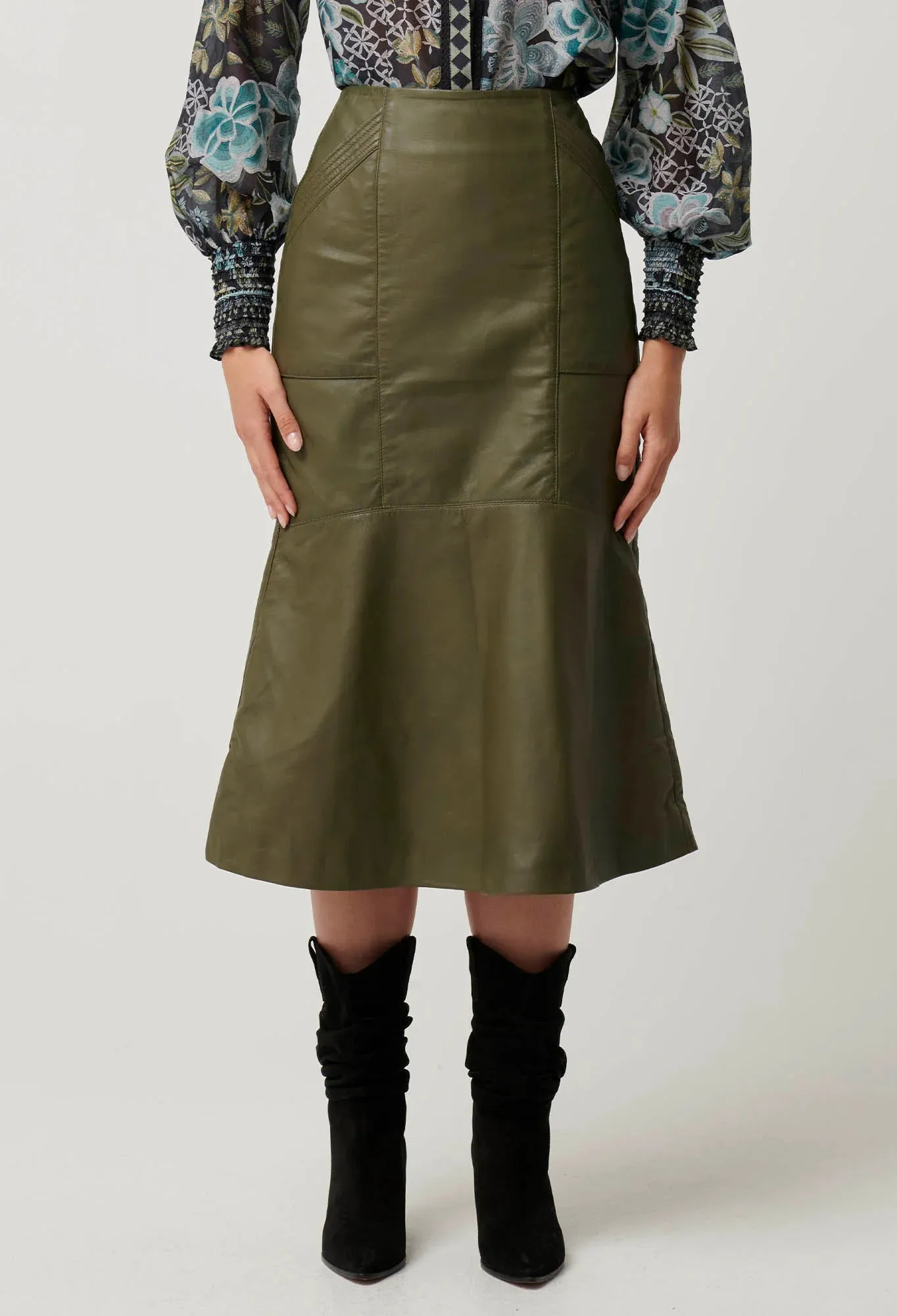 Once Was -  Mabel Leather Cured Tier Skirt -  Moss