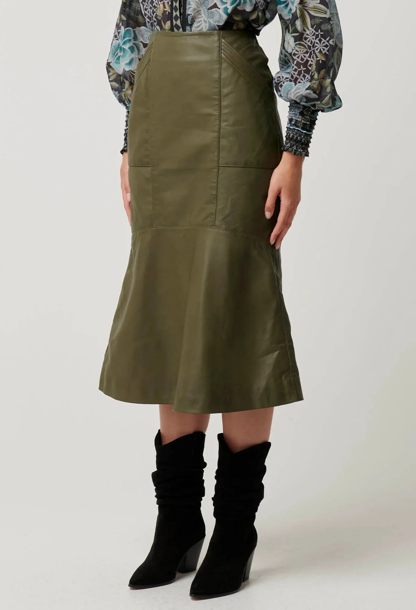 Once Was -  Mabel Leather Cured Tier Skirt -  Moss