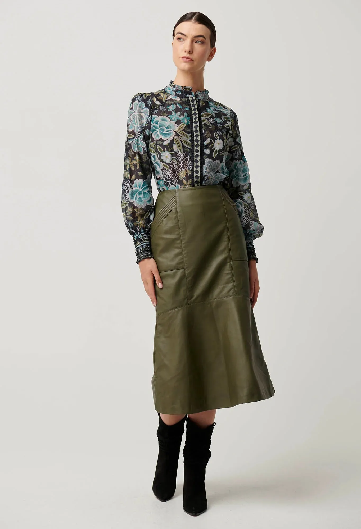 Once Was -  Mabel Leather Cured Tier Skirt -  Moss