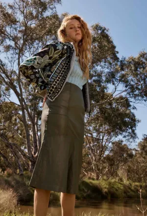 Once Was -  Mabel Leather Cured Tier Skirt -  Moss
