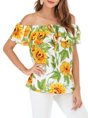 One-line Collar With Ruffled Printed Blouse