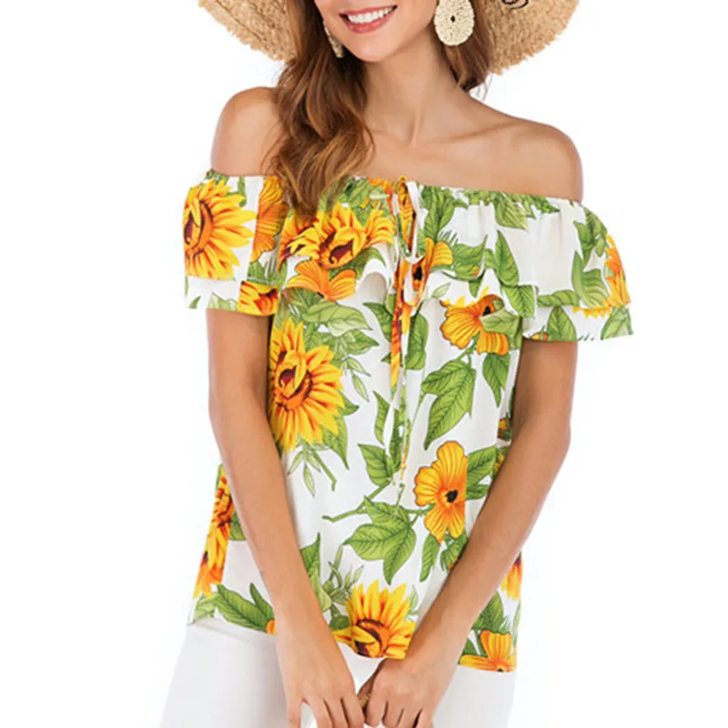 One-line Collar With Ruffled Printed Blouse