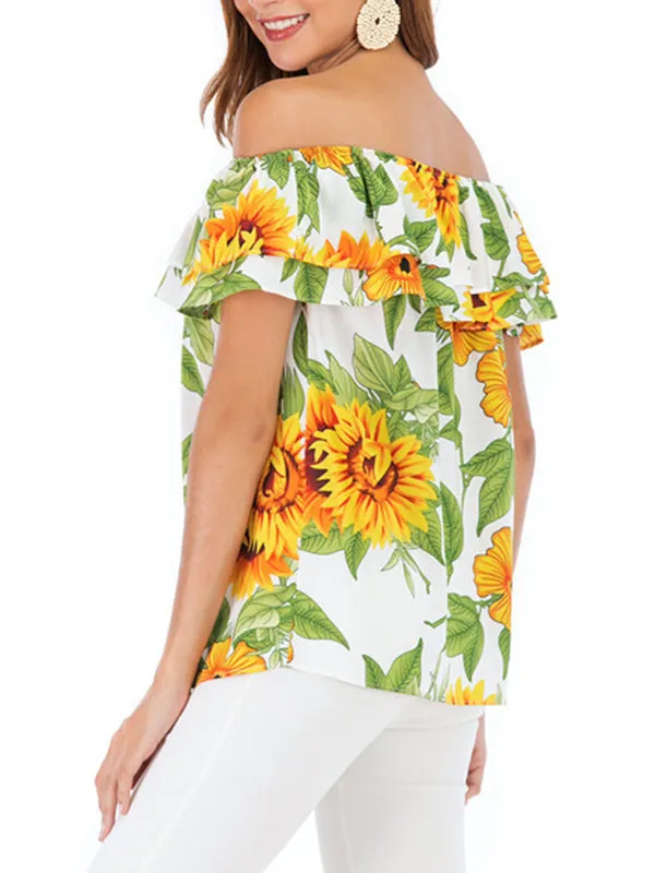 One-line Collar With Ruffled Printed Blouse