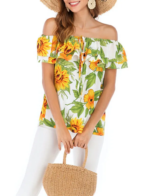 One-line Collar With Ruffled Printed Blouse