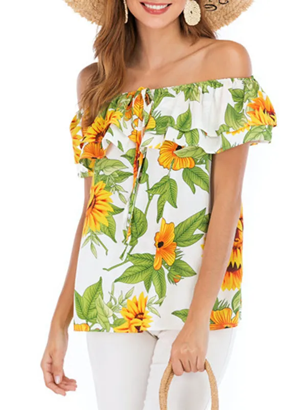One-line Collar With Ruffled Printed Blouse