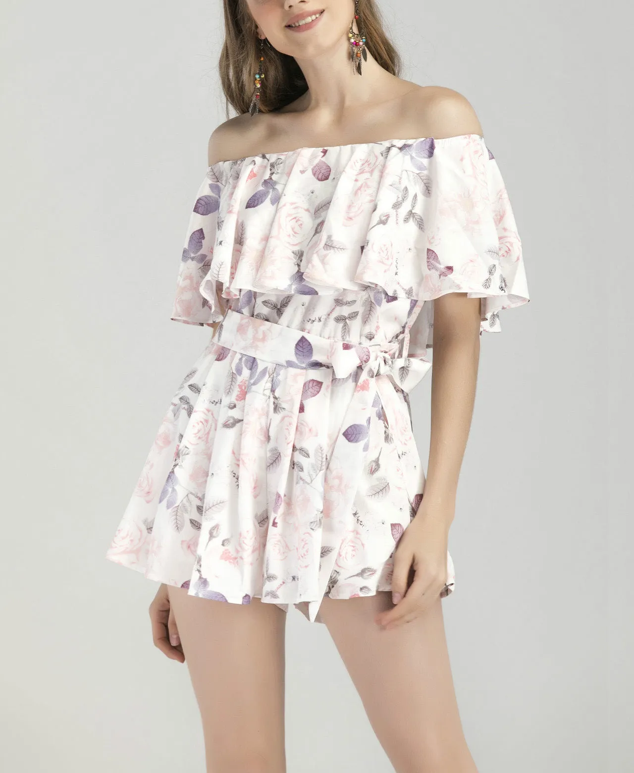 One-shoulder Ruffled Printed Jumpsuit