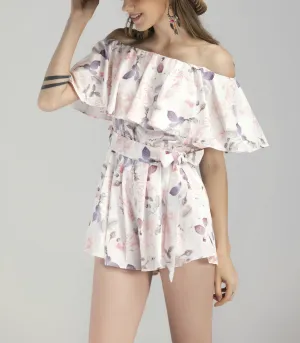One-shoulder Ruffled Printed Jumpsuit