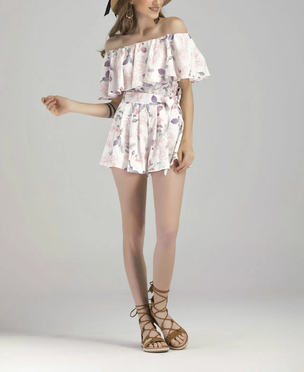 One-shoulder Ruffled Printed Jumpsuit
