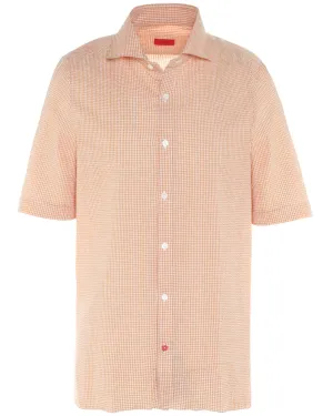 Orange and White Seersucker Checked Short Sleeve Sportshirt