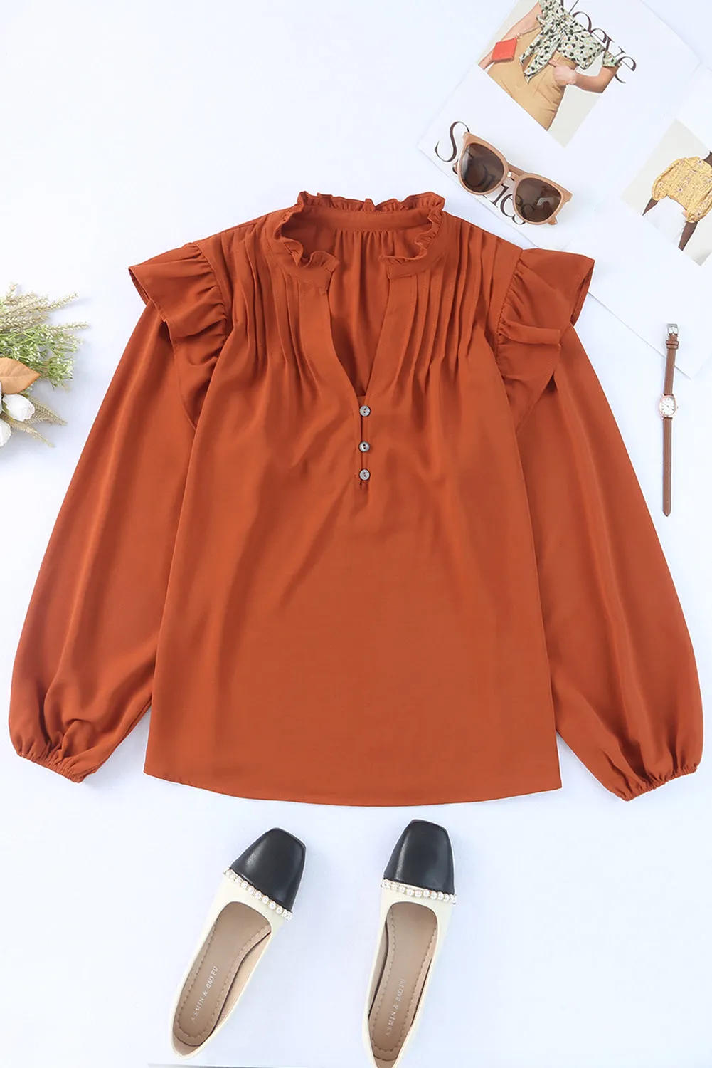 Orange Ruffled Pleated Buttoned V Neck Blouse