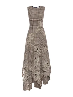 Oscar de la Renta Peony Guipure Appliqué Plaid Jewel Neck Dress