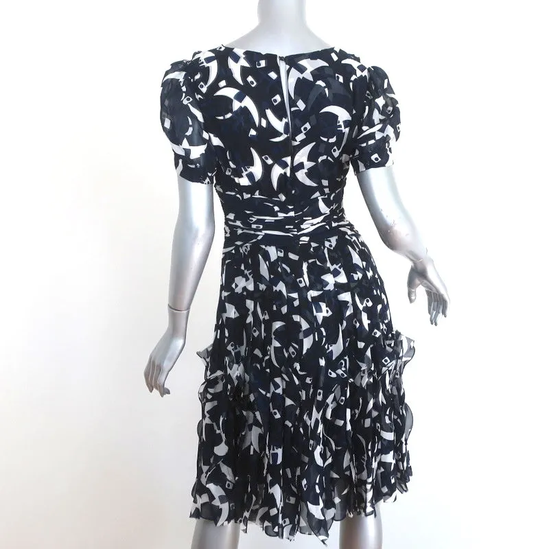 Oscar de la Renta Pleated Dress Navy Printed Ruffled Chiffon Size 6 Short Sleeve