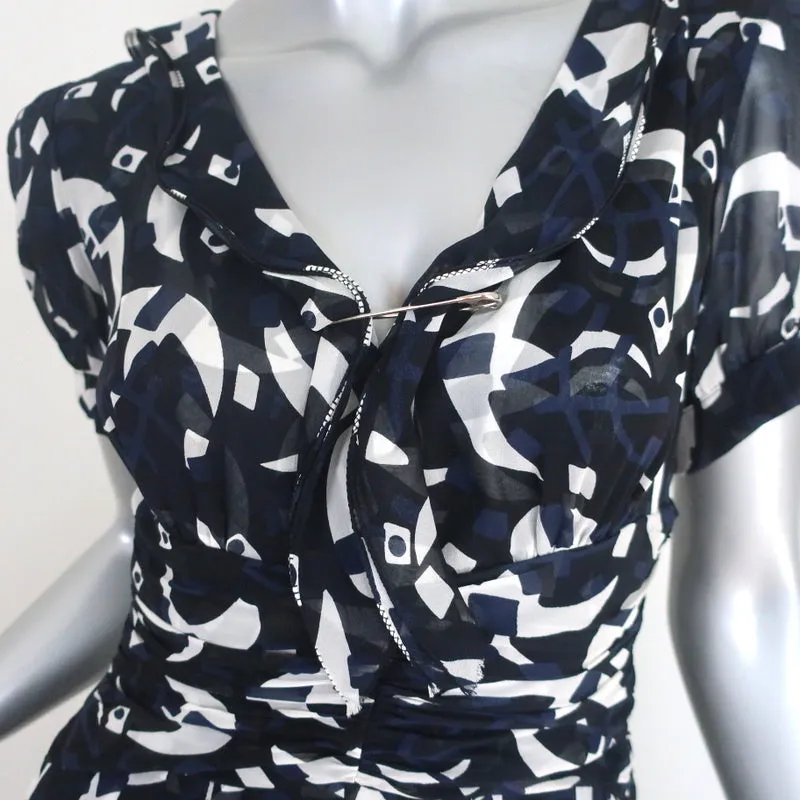 Oscar de la Renta Pleated Dress Navy Printed Ruffled Chiffon Size 6 Short Sleeve