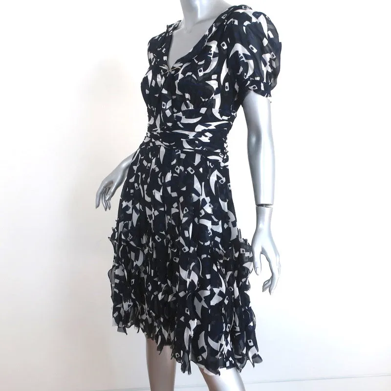 Oscar de la Renta Pleated Dress Navy Printed Ruffled Chiffon Size 6 Short Sleeve