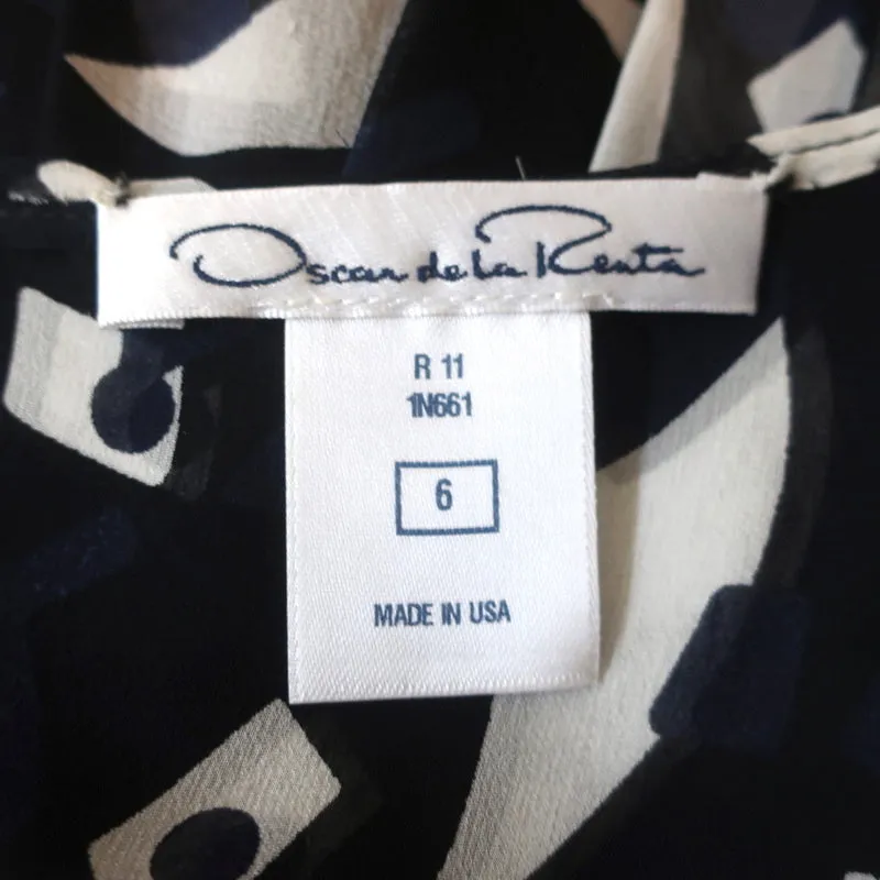 Oscar de la Renta Pleated Dress Navy Printed Ruffled Chiffon Size 6 Short Sleeve