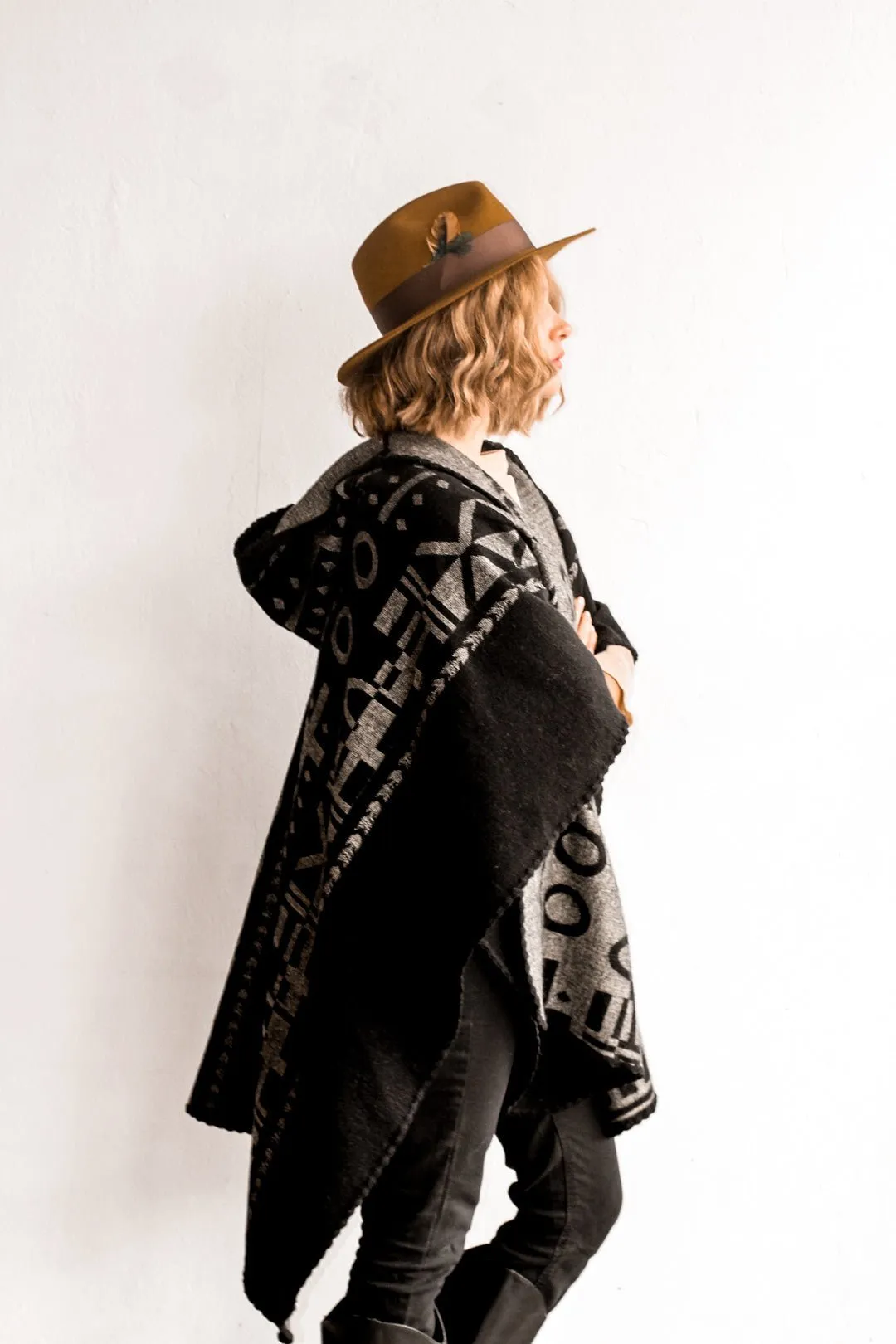OX Black and Grey Poncho with Hood