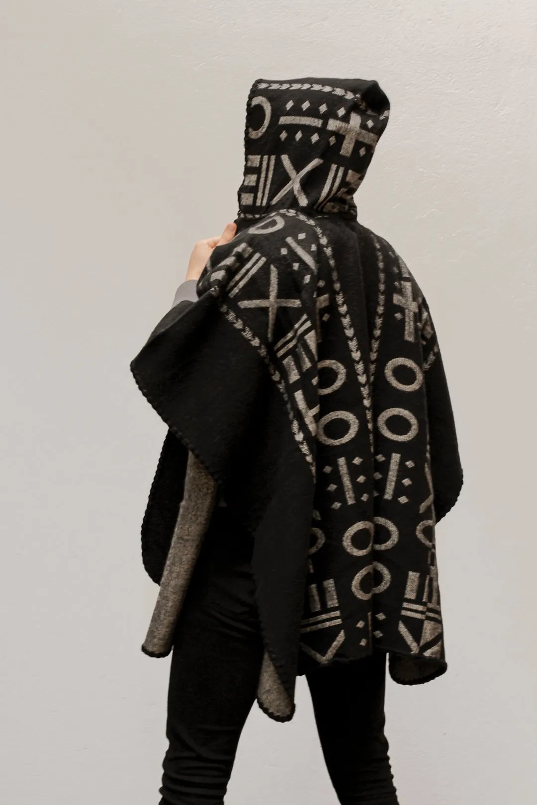 OX Black and Grey Poncho with Hood