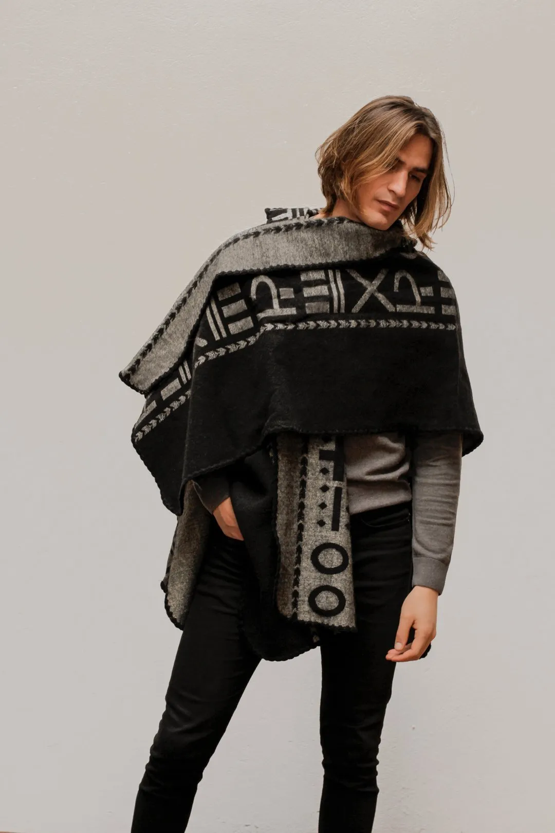 OX Black and Grey Poncho with Hood