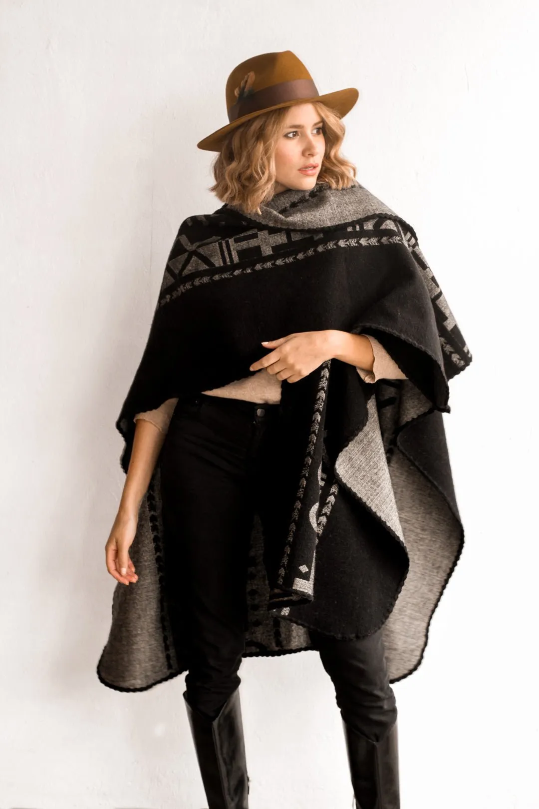 OX Black and Grey Poncho with Hood