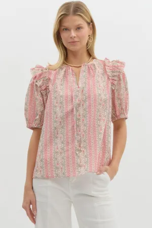 Paisley Double Ruffle Detailed Top {Pink}