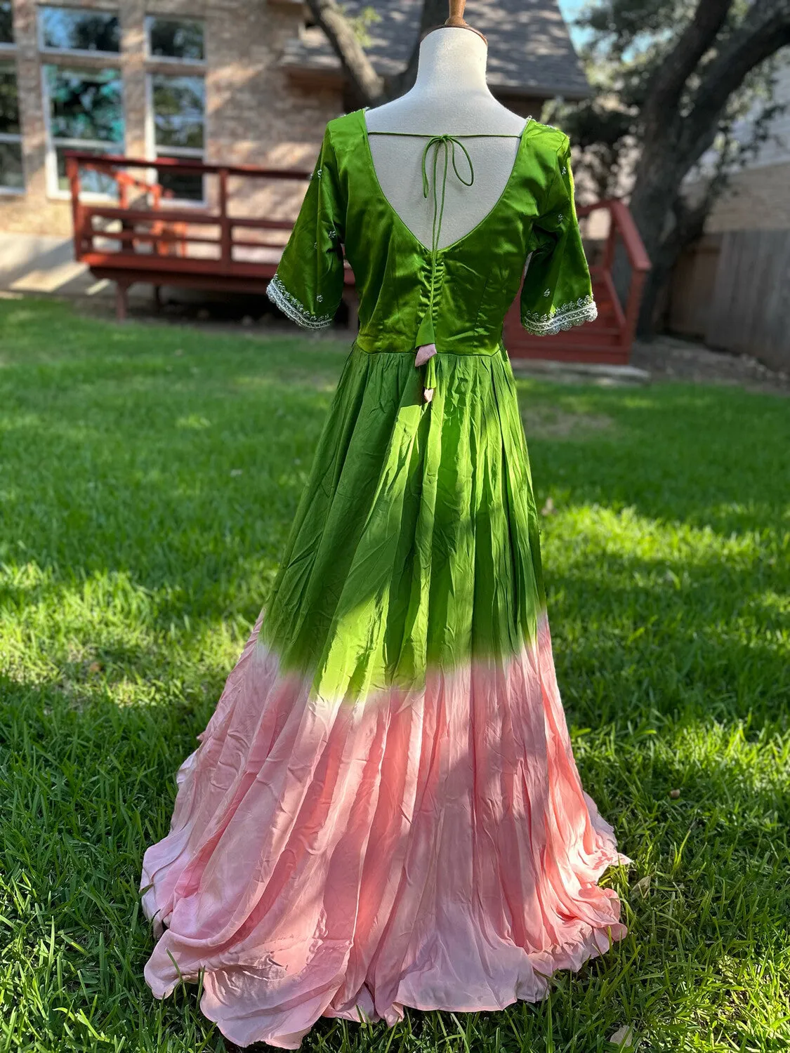 Party wear Indian dress Green & Pink long gown - Indian Designer Dress Mehendi Dress Haldi Dress