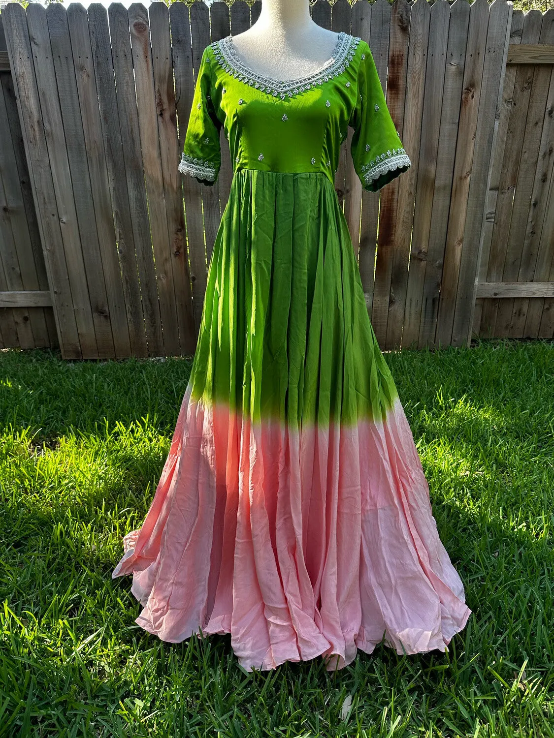 Party wear Indian dress Green & Pink long gown - Indian Designer Dress Mehendi Dress Haldi Dress
