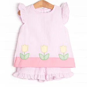 Pastel Petals Applique Short Set, Pink