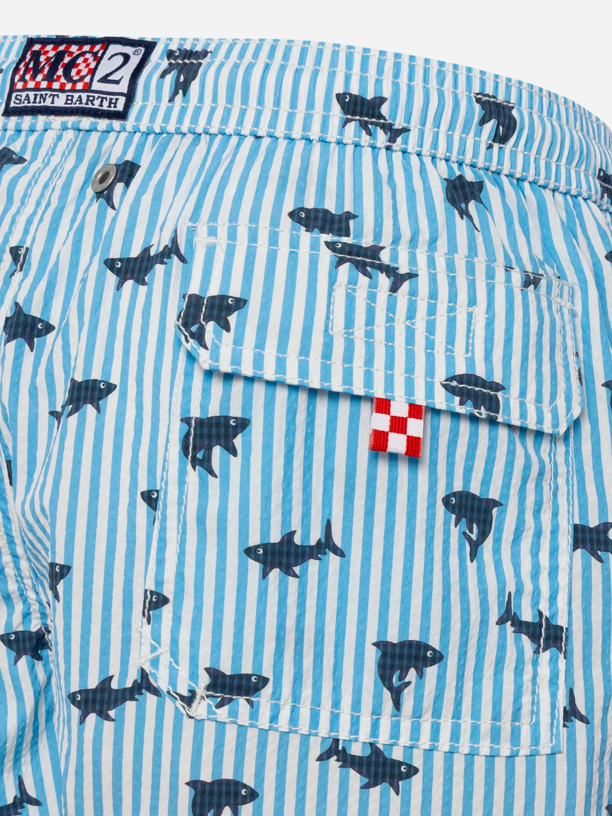 Patmos Jr seersucker striped mid-length swim shorts with shark print