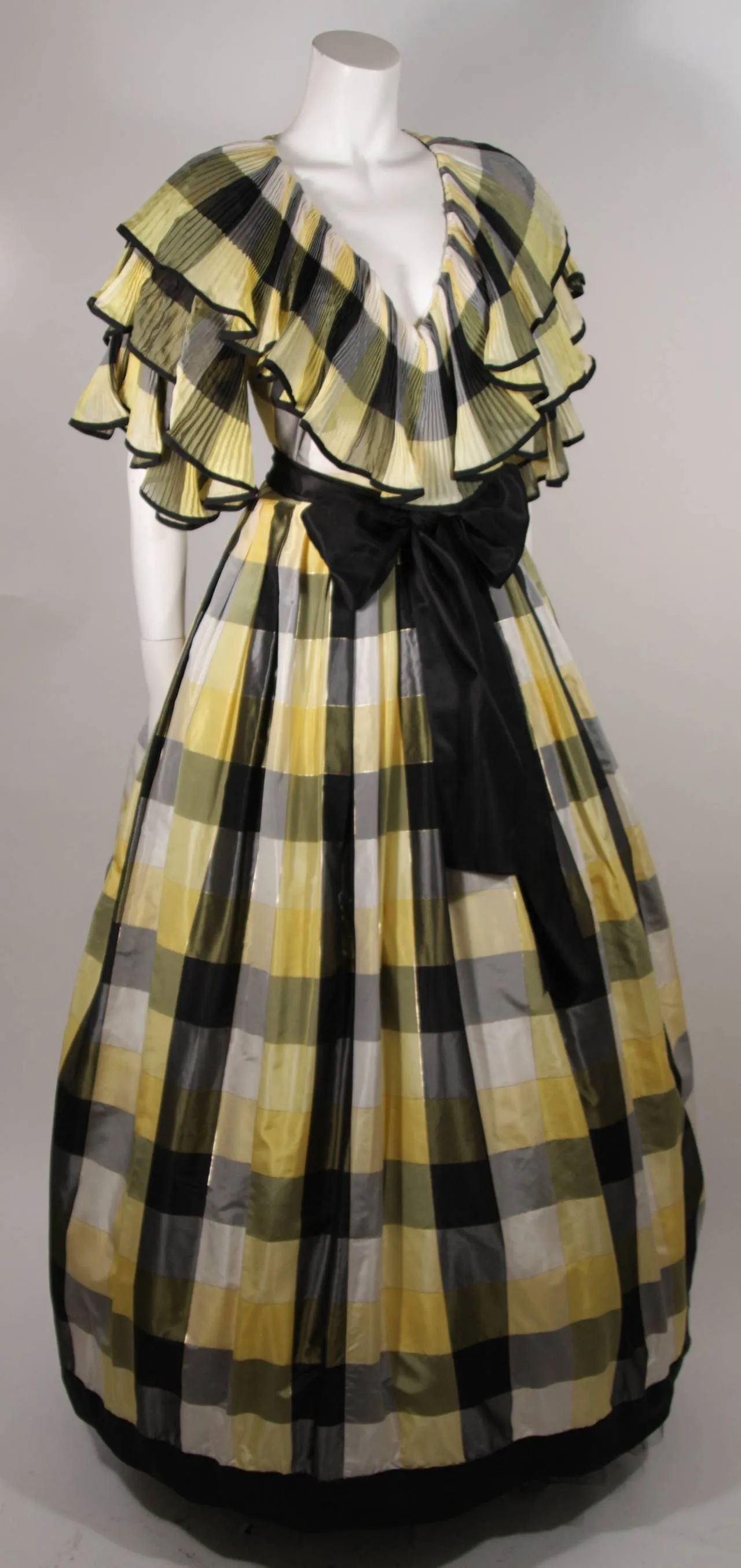 PAUL LOUIS ORRIER Ruffled Silk Yellow & Black Plaid Gown Size 10