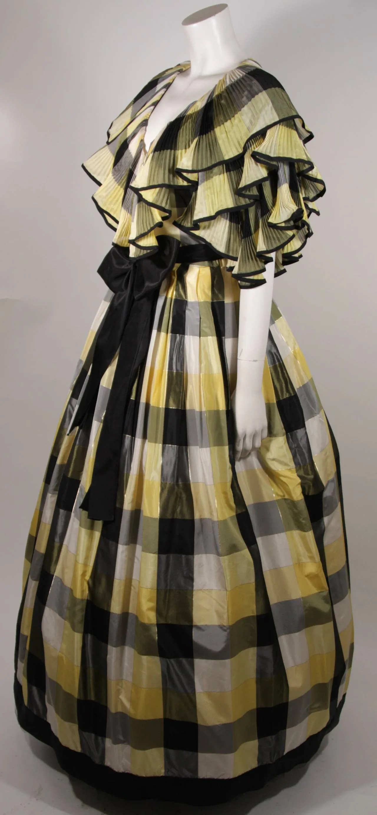 PAUL LOUIS ORRIER Ruffled Silk Yellow & Black Plaid Gown Size 10
