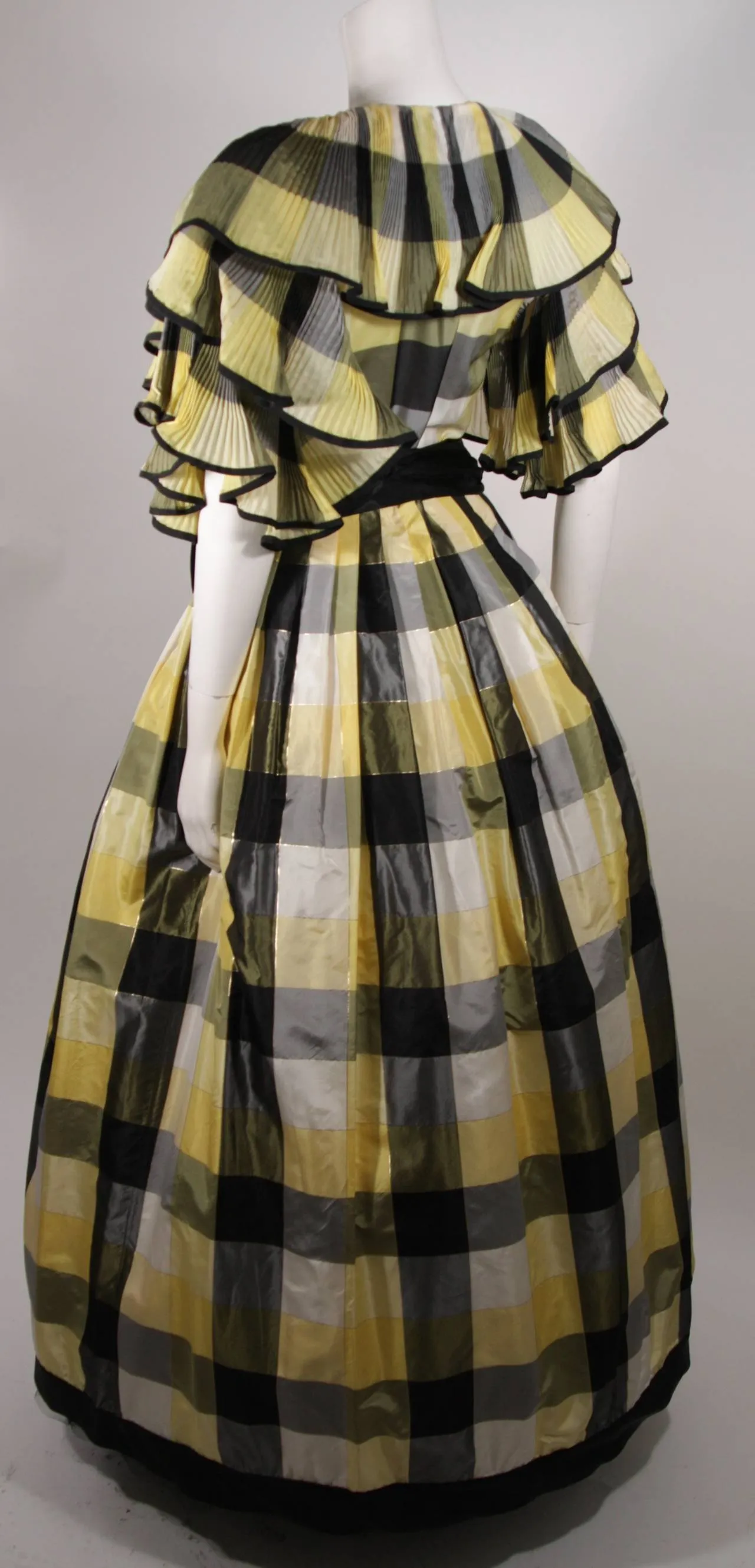 PAUL LOUIS ORRIER Ruffled Silk Yellow & Black Plaid Gown Size 10