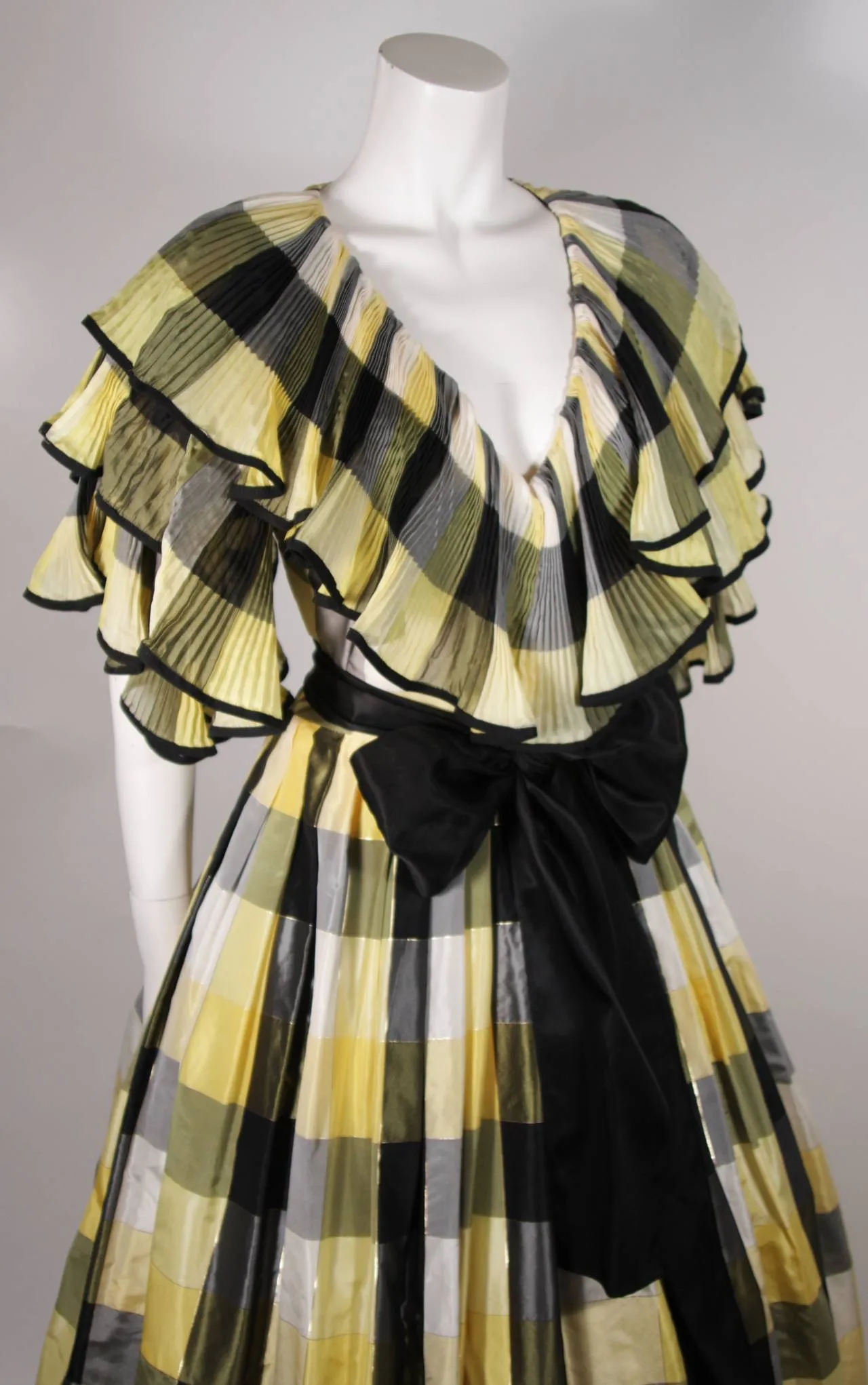 PAUL LOUIS ORRIER Ruffled Silk Yellow & Black Plaid Gown Size 10